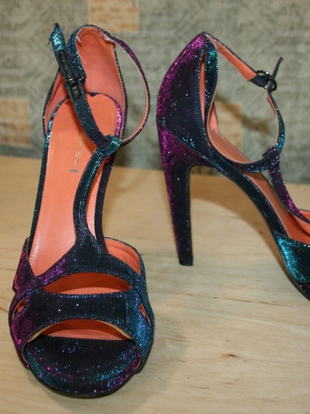 Via Spiga Iridescent Holographic Blue/ Purple Metallic T-Strap Platform Stiletto